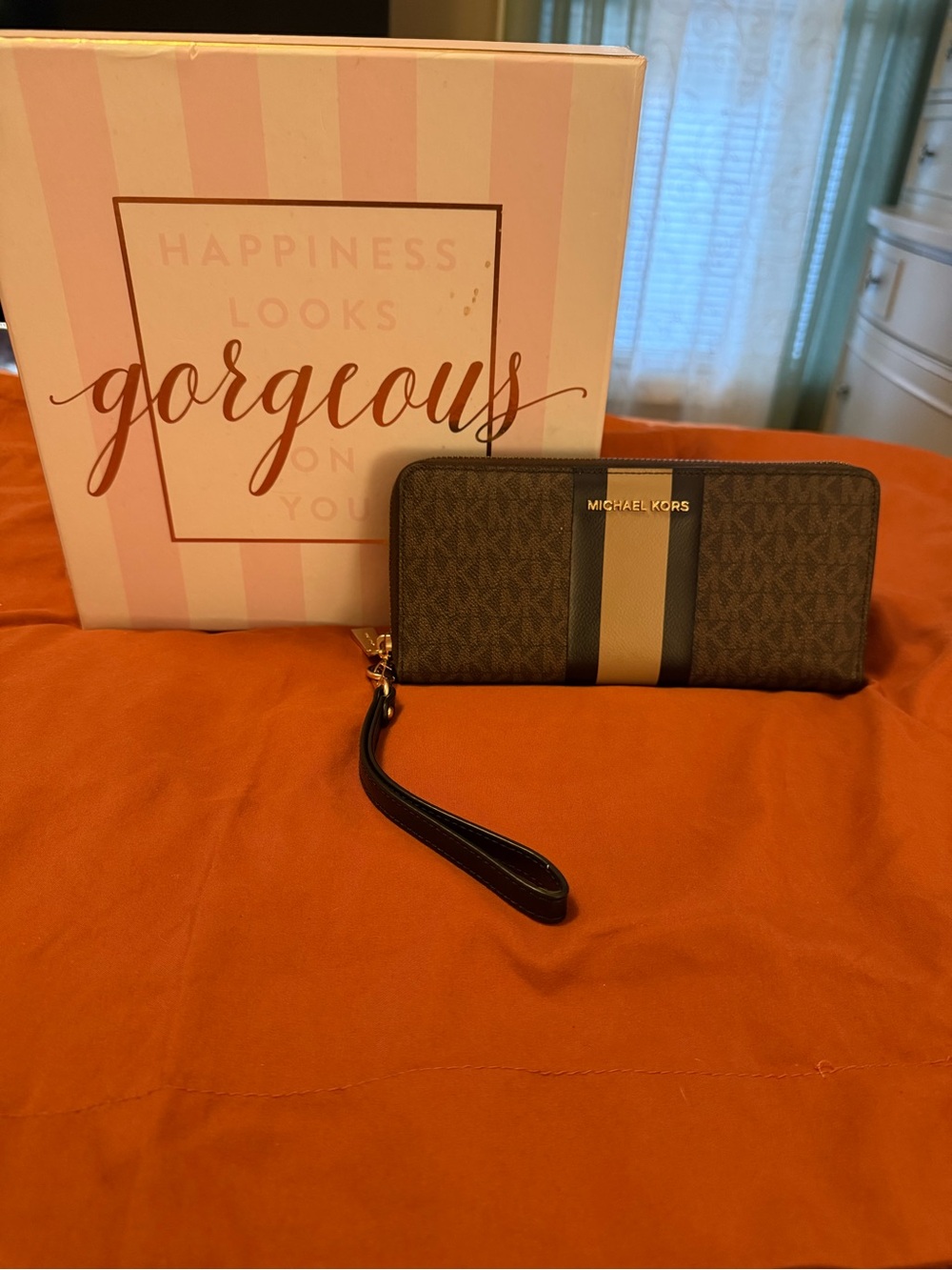 Michael Kors Brown and Tan Stripe Wristlet Wallet